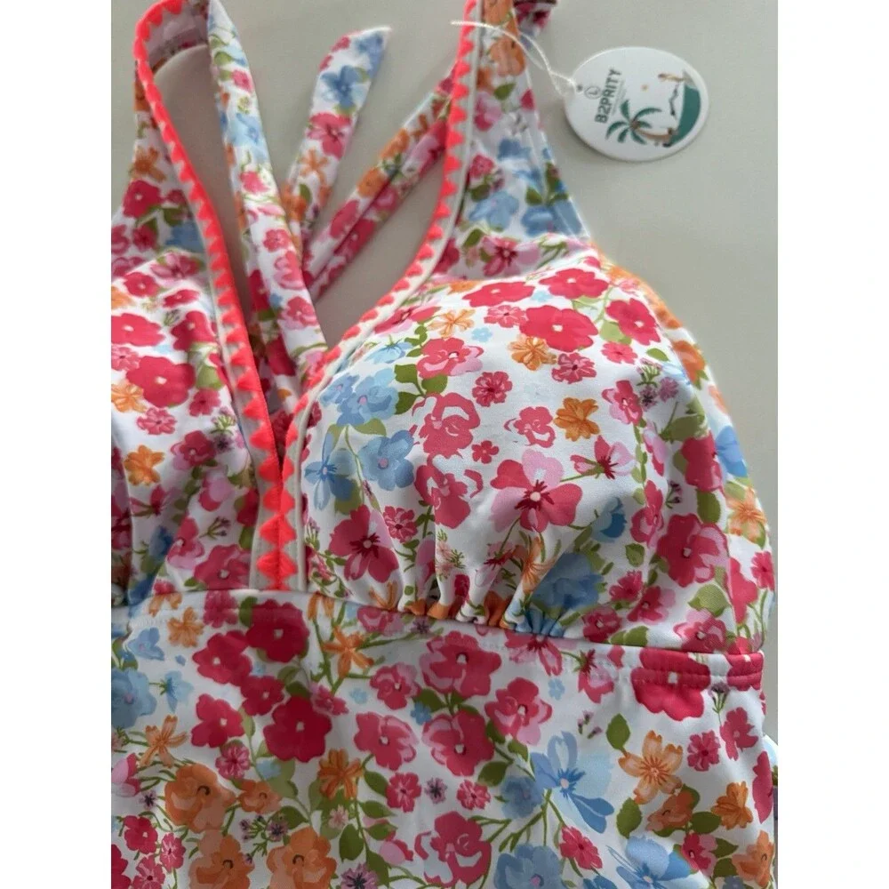Women's One Piece Swimsuit Tummy Control Shell Stitch floral multicolor size L